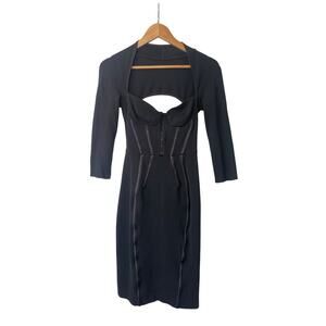 Black Satin Trim 3/4 Sleeve Midi Bustier Top Body Con Dress with Lace Up Back
